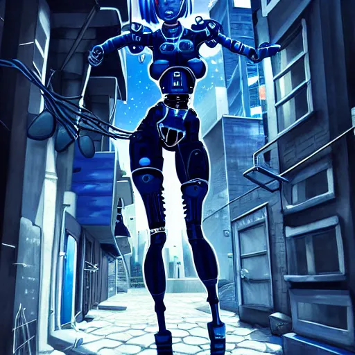 Image similar to cyborg - girl breaking into pieces as it walks down a street, highly detailed, painting, dark blue and black color palette, intricate, high quality anime artstyle,