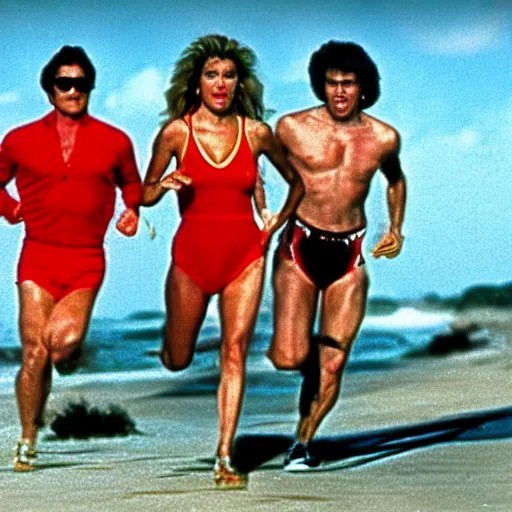 Image similar to Trump stars in Baywatch, running down beach 1980s