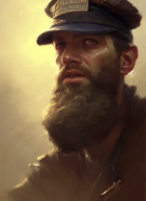 Image similar to portrait of a rugged man wearing a sailors cap, victorian, concept art, detailed face, fantasy, close up face, highly detailed, cinematic lighting, digital art painting by greg rutkowski