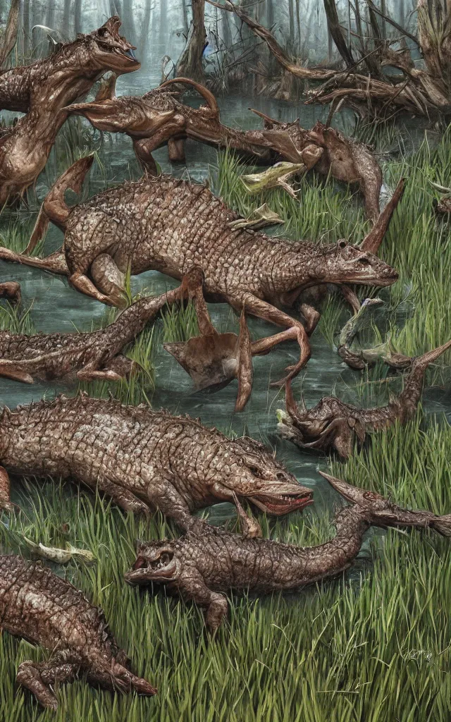 Prompt: lot of diplocaulus and hallucigenias living in a swamp, photorealistic, highlydetailed, paleoart