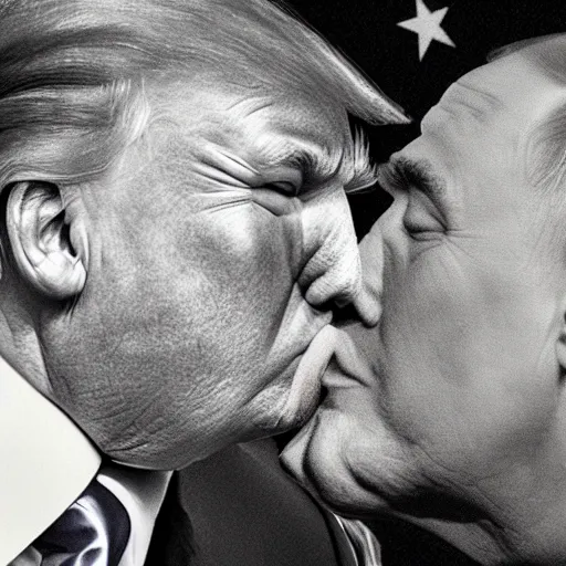Prompt: putin kissing trump, hyper realistic, highly detailed, depth of field.