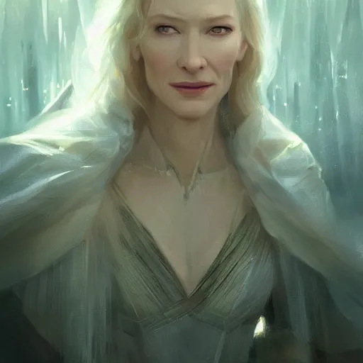 Image similar to A beautiful picture of Cate Blanchett as galadriel by greg rutkowski and Kalin Popov, trending on artstation