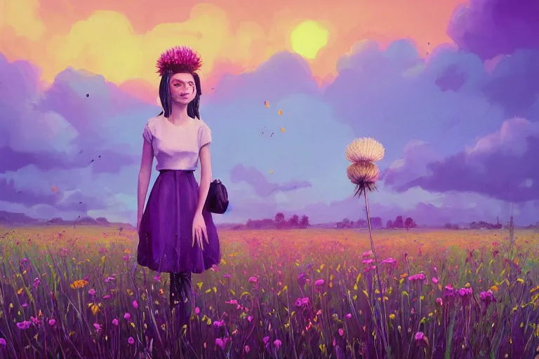 Prompt: closeup, giant thistle flower under head, a girl in a suit in field of flowers, surreal photography, sunrise, blue sky, dramatic light, impressionist painting, digital painting, artstation, simon stalenhag