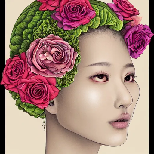 Prompt: the anatomy of a head of lettuce with roses that resemble a beautiful korean woman, an ultrafine detailed painting by james jean, intricate linework, bright colors, final fantasy, behance contest winner, vanitas, angular, altermodern, unreal engine 5, global illumination, radiant light, detailed and intricate environment