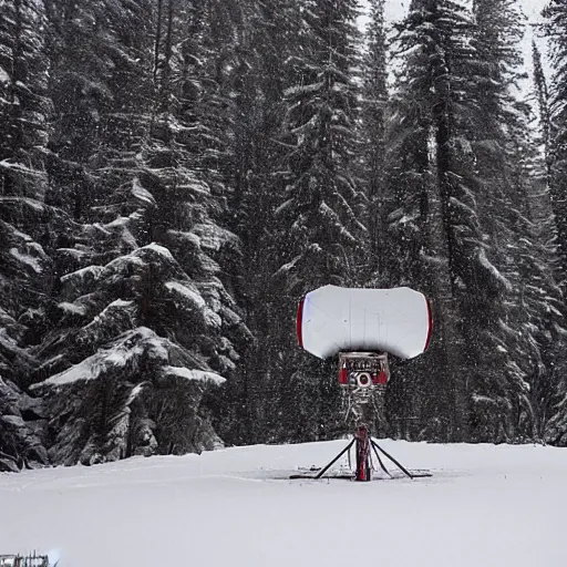 Image similar to big satellite debris scattered in snow open plane in a forest in Canada, below zero, two reporters take photos, in the style of Simon Stalenhag