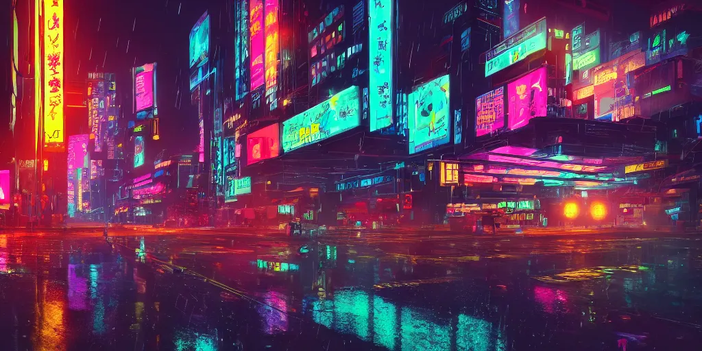 Image similar to a cyberpunk city raining at night, cat sitting under a neon japanese sign, artstation, hd 4k