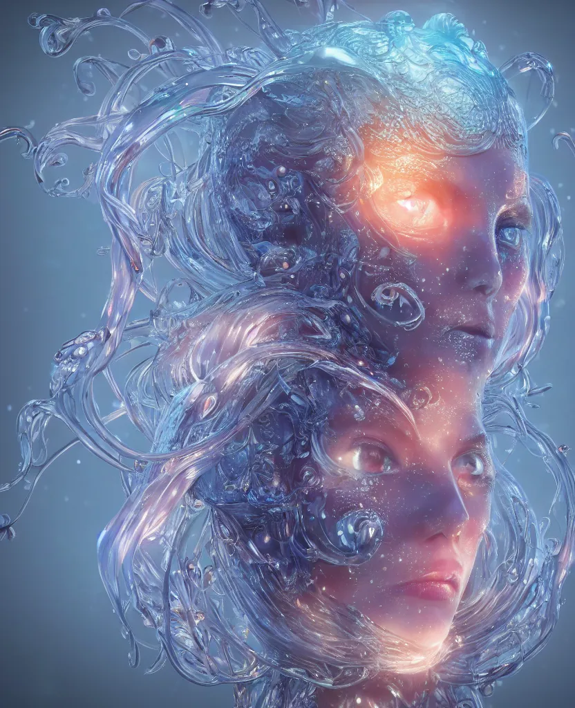 Image similar to close-up macro portrait of the face of a beautiful princess, epic angle and pose, symmetrical artwork, 3d with depth of field, blurred background, cybernetic jellyfish female face skull phoenix bird, translucent, nautilus, energy flows of water and fire. a highly detailed epic cinematic concept art CG render. made in Maya, Blender and Photoshop, octane render, excellent composition, cinematic dystopian brutalist atmosphere, dynamic dramatic cinematic lighting, aesthetic, very inspirational, arthouse. y Greg Rutkowski, Ilya Kuvshinov, WLOP, Stanley Artgerm Lau, Ruan Jia and Fenghua Zhong