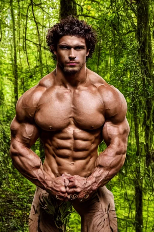 Prompt: portrait of a muscular man, chiseled features, beautiful flowing brown curly hair, mythological, god of nature, defined muscles, artsy photography, film photo, 4 k, model posing, deep tan skin, trending on artstation, fashion photography, yellow eyes, overgrown background, dryad, verdant forest