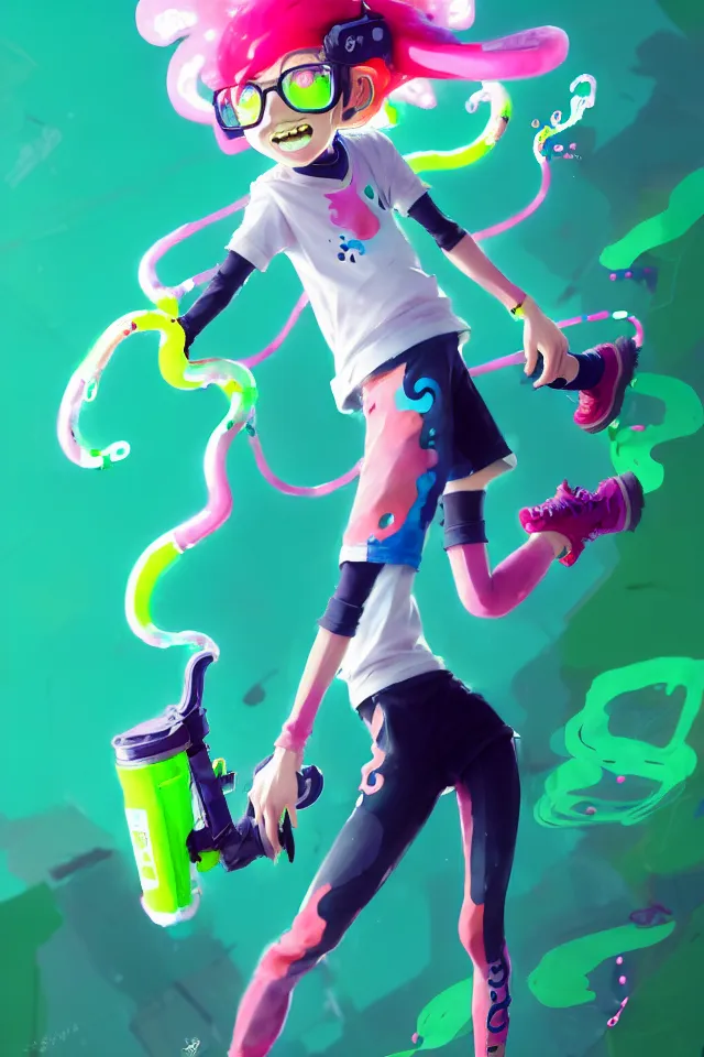 Image similar to a beautiful fullbody portrait of a cute splatoon anime boy with pink hair and green eyes wearing sports clothing tight leggings. character design by cory loftis, fenghua zhong, ryohei hase, ismail inceoglu and ruan jia. artstation, volumetric light, detailed, photorealistic, fantasy, rendered in octane