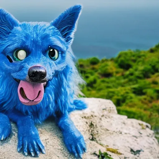 Image similar to a realistic blue dog superhero with water powers and glowing eyes, on a cliff