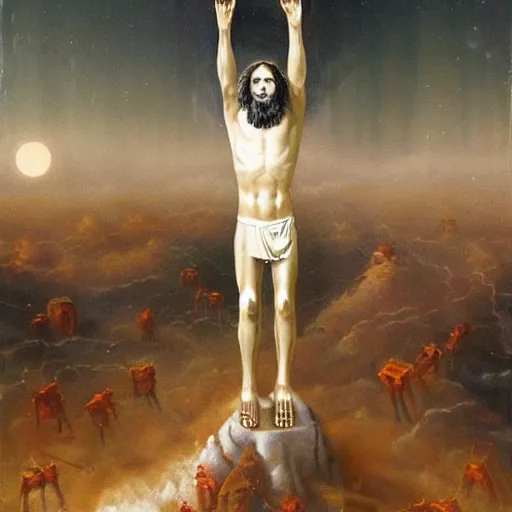 Image similar to jesus christ as a robot ; dystopia ; hell on earth ; painting ; epic ; detailed ; final ; ultimate