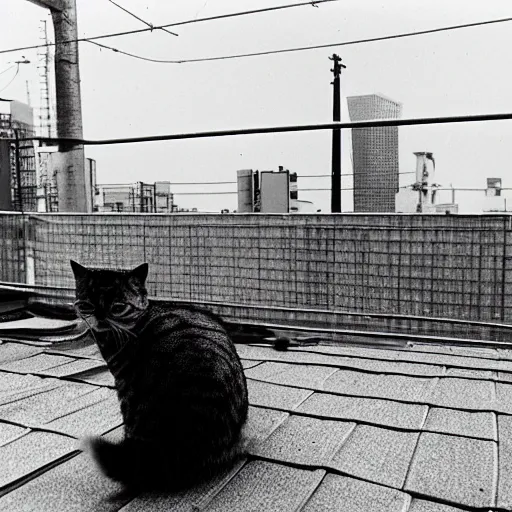 Prompt: daido moriyama style photograph of a cat and its female owner on a rooftop in Tokyo,