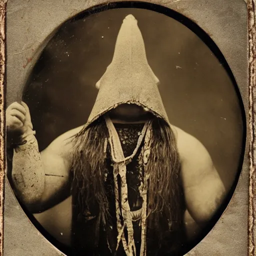 Prompt: tintype photographs of shamans, psychic wrestlers, masked heroes, irradiated humans, and monster hunters