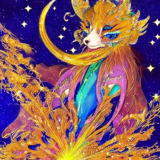 Prompt: portrait from an anime of an ethereal colorful blue starry night peacock fox animal spirit, accented in bright metallic gold, wearing star filled magic imbued mage robes, art by yuji ikehata and satoshi kon, background art by miyazaki and akino matsuri, realism, proper human proportions, fully clothed, vhs