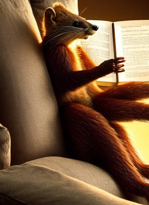 Prompt: A beautiful scene from a 2022 Marvel film featuring a humanoid pine marten wearing loose clothing reading on a couch. An anthropomorphic pine marten. Golden hour.