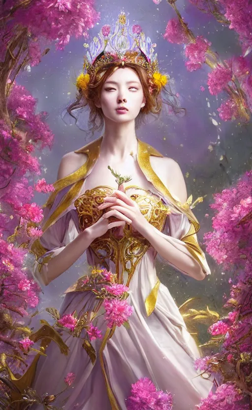 Prompt: A beautiful fantasy magician empress, highly detailed full body, amazing flower tiara, wearing aristocrat robe, delicate figure, field of flowers, among foxes and deer, epic composition, ultra wide-shot, dynamic pose, concept art, beautifully lit, digital painting, smooth, character design, sharp focus, elegant, intricate, trending on artstation, by WLOP and James Jean and Victo Ngai