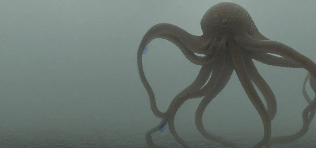Prompt: an octopus trapped in a bottle, foggy, cinematic shot, photo still from movie by denis villeneuve, wayne barlowe