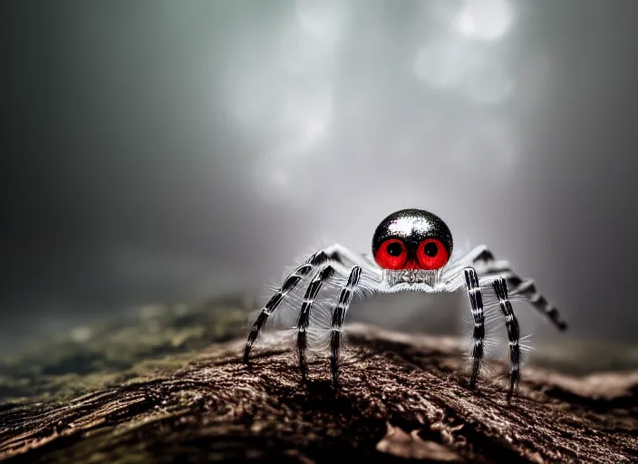 Image similar to ( white crystal - clear spider ) with ( huge red eyes ), in a ( foggy glowing forest ). highly detailed 8 k. intricate. lifelike. soft light. fantasy horror style. cinematic post - processing, dof.