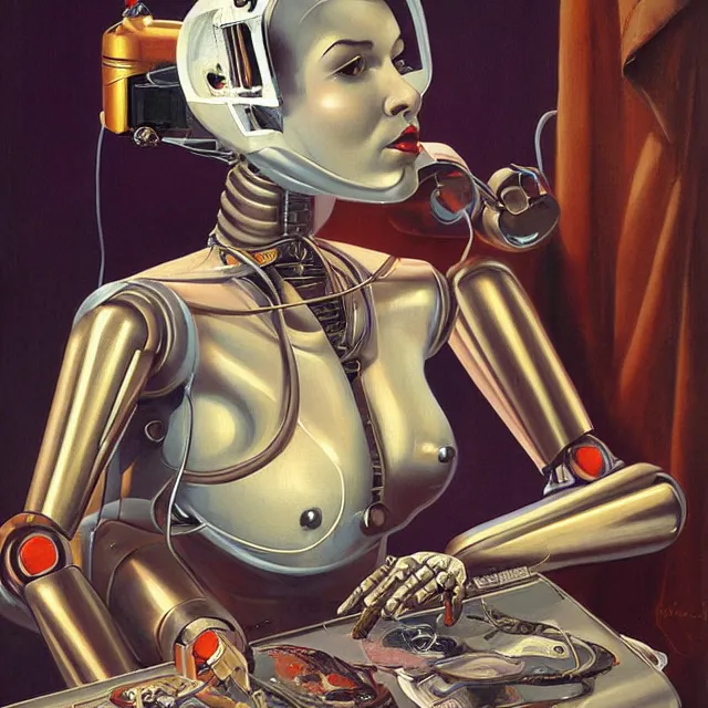 Image similar to robot artist painting a self - portrait on a canvas. intricate, highly detailed, digital matte painting in the style of gil elvgren and in the style of h. r. giger. irony, recursion, inspiration.