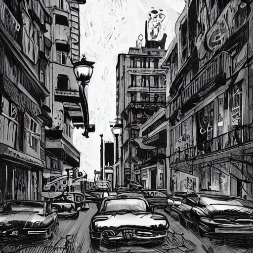 Image similar to drinking coffee in the streets, in the style of james jean, film noir, dark atmosphere