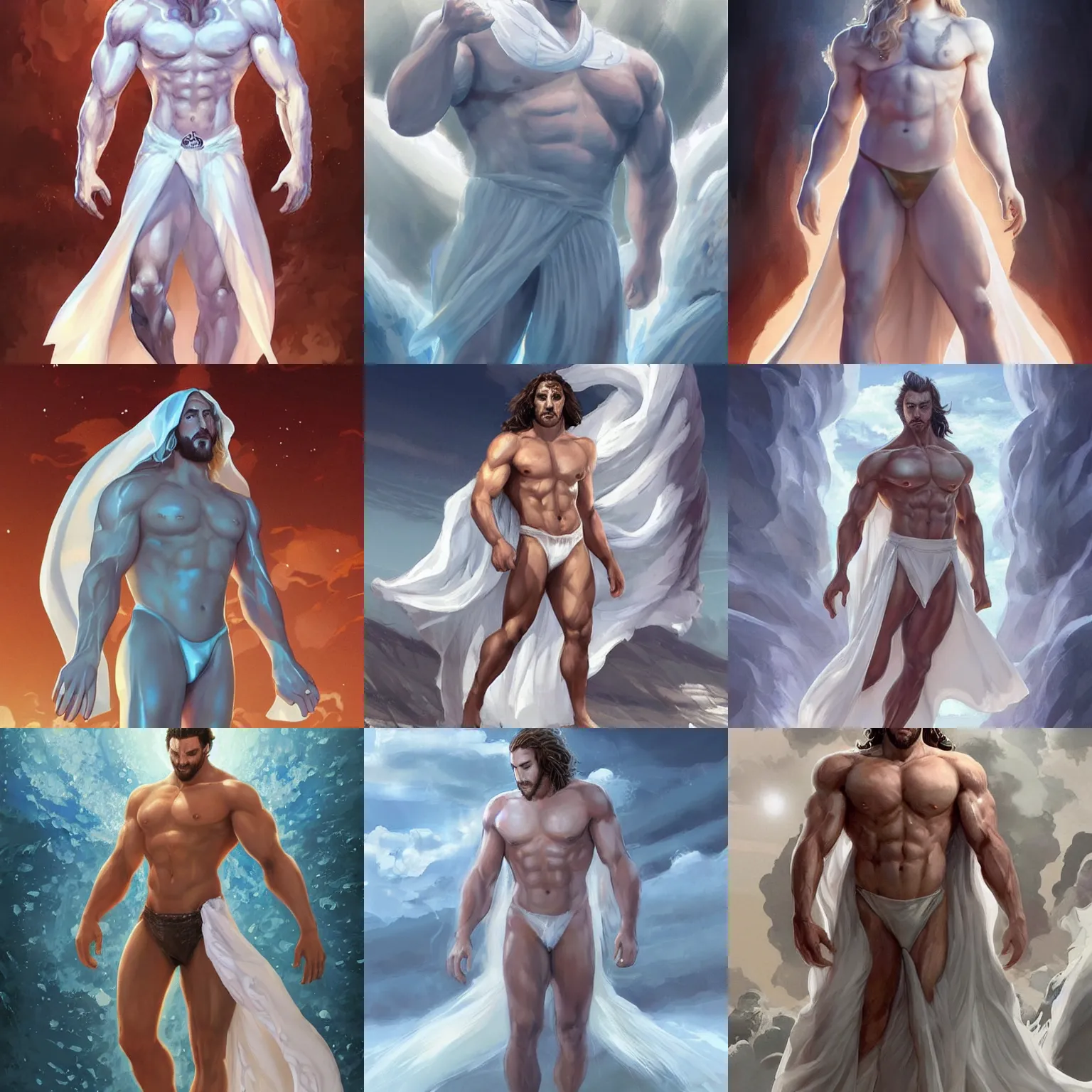 Prompt: distant full body view, aaron taylor johnson as a sea titan in white robes, speedo, long hair, dressed!!!!!!!!!!!!!!! digital painting, concept art, smooth, sharp focus, illustration by artgerm, yoshitaka amano, krenz cushart, shinji aramaki