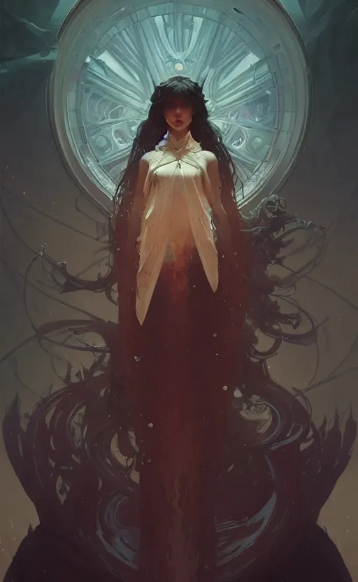 Image similar to a personification of the abyss, highly detailed, digital painting, artstation, concept art, sharp focus, illustration, art by greg rutkowski and alphonse mucha