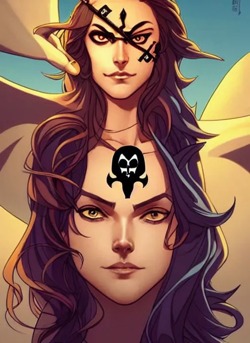 Prompt: Rafeal Albuquerque comic art, Joshua Middleton comic art, pretty female Phoebe Tonkin pirate eye patch over left eye, evil smile, full body, pirate clothing, long wavy brown hair:: sunny weather::