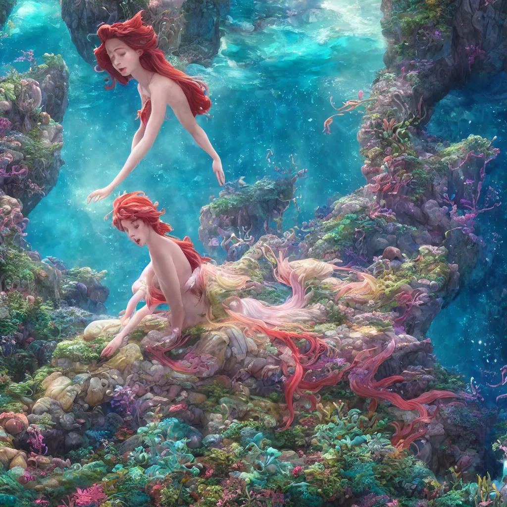 Prompt: the little mermaid singing in the colorful ocean, correct human body and perspective, pearls and shells, fantasy art by ferdinand knab, makoto shinkai and ilya kuvshinov, rossdraws, tom bagshaw, trending onstudio ghibli, radiant light, highly detailed, octane render, 8 k