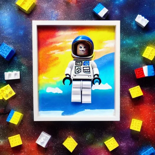 Prompt: lego blocks painting of astronaut in the ocean, skies, realistic, colorful, positive vibes, cinematic, 3 d, hd