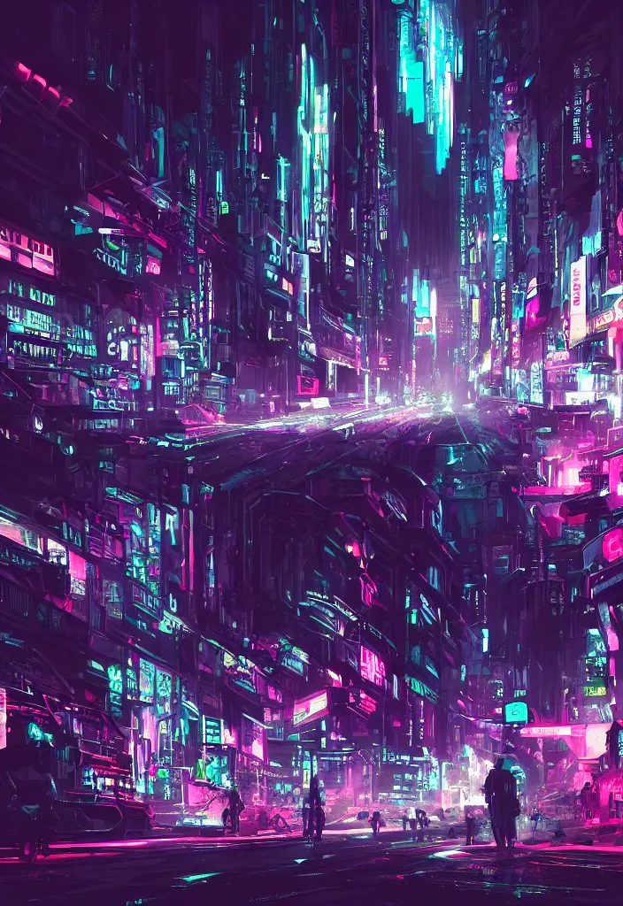 Prompt: concept art of a magnificent dark neon futuristic cyberpunk city bustling street at night cyberart in the style of liam wong