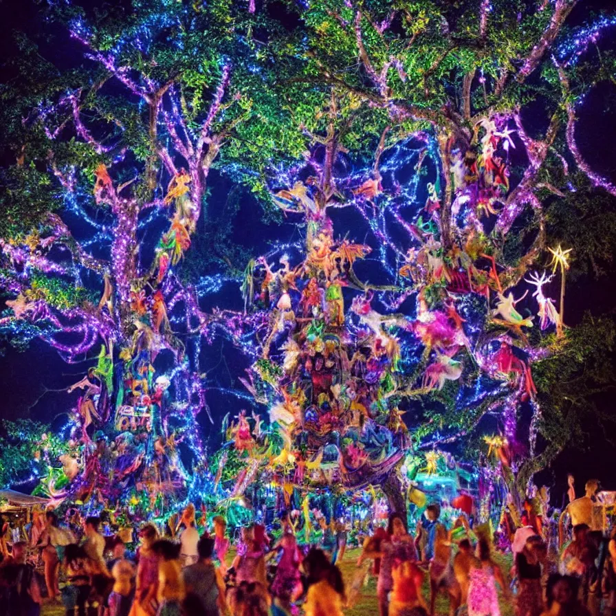 Image similar to a night carnival fairies around a magical tree next to a lake with iridiscent water, christmas lights, volumetric lightning, creatures and fantastic people disguised as fantastic creatures in a magical forest by summer night, masterpieceunderwater scene, masterpiece painted by slim aarons, scene by night