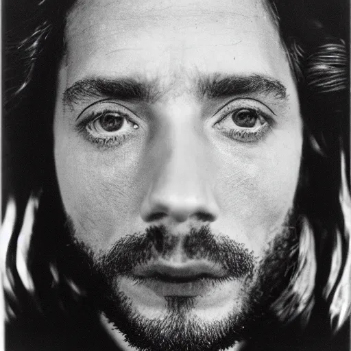 Image similar to Jesus, the lord of cannabis. Close-up studio portrait by Robert Mapplethorpe. Tri-x