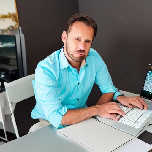 Image similar to caucasian man with turquoise shirt sitting in front of computer with large webcam! mounted on top