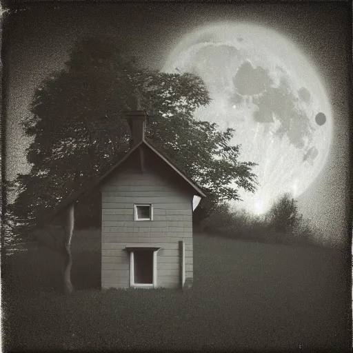 Prompt: minimalistic house in the wood, big moon, little boy, artwork by Rene Magritte, night, pinhole analogue photo quality, monochrome, blur, unfocus, cinematic, 35mm