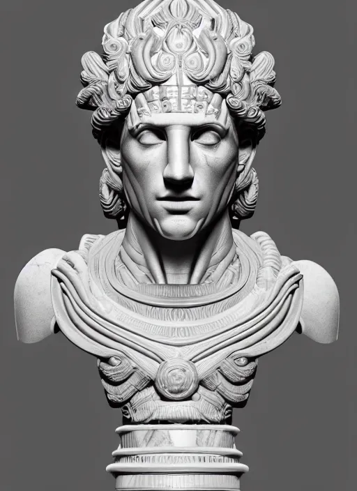 Image similar to stylized rainbow bismuth ornate statue full body made of marble of caesar, perfect symmetrical body, perfect symmetrical face, hyper realistic, hyper detailed, by johannen voss, by michelangelo, octane render, blender, 8 k, displayed in pure white studio room