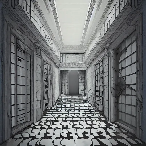 Prompt: “a disorienting white hallway and staircase with many doors, marble material, confusion, creepy, dimensions, MC Escher architecture, anime style, detailed background, trending on artstation”