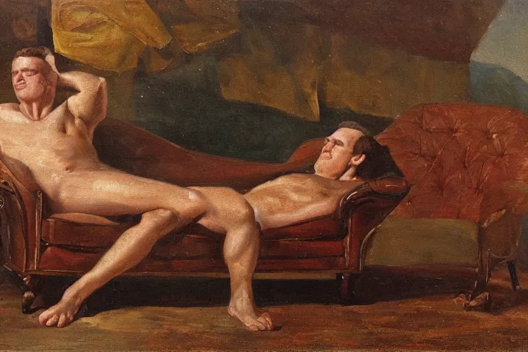 Image similar to a oil painting painting of a caucasian man relaxing on a brown reclined leather chair