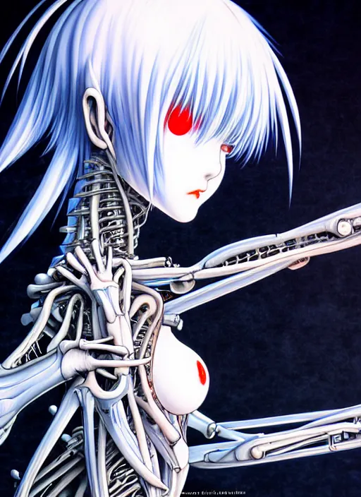 Image similar to Rei Ayanami by Yoshitaka Amano, by HR Giger, biomechanical, profile portrait, 4k, wide ayes, hyper detailed, hyperrealism, anime, a Blood Moon rising on a Broken World 4k very detailed deviantart artstation