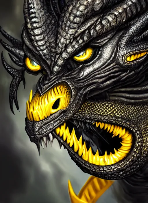 Image similar to closeup portrait of black dragon head with yellow eyes, ultra realistic, fantasy, magic, dnd,