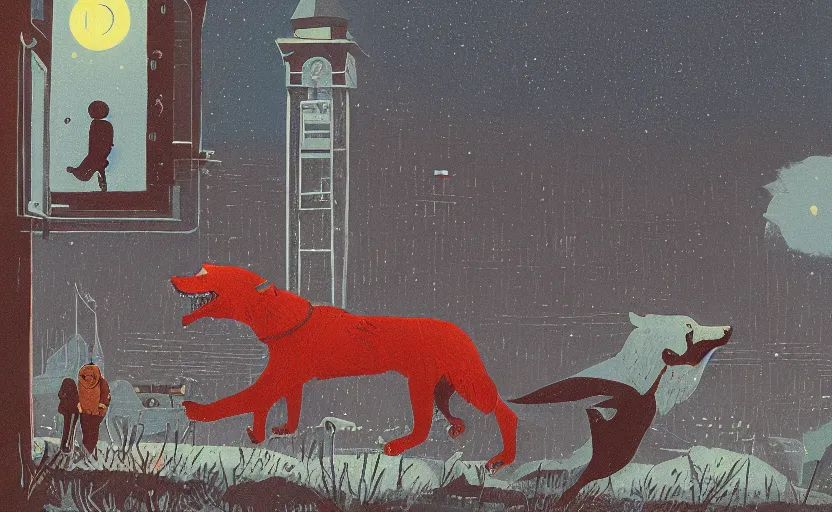 Image similar to a boy fighting a wolf on the edge of a clocktower, by simon stalenhag gouache, print