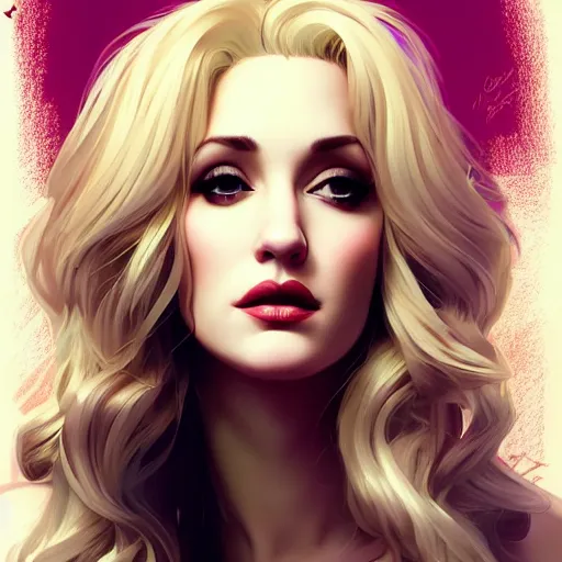 Image similar to a beautiful gina gershon christina hendricks kat dennings dolly parton instagram model by wlop and ilya kuvshinov and artgerm, symmetrical eyes, aesthetic, gorgeous, stunning, alluring, attractive, artstation, deviantart, pinterest, digital art