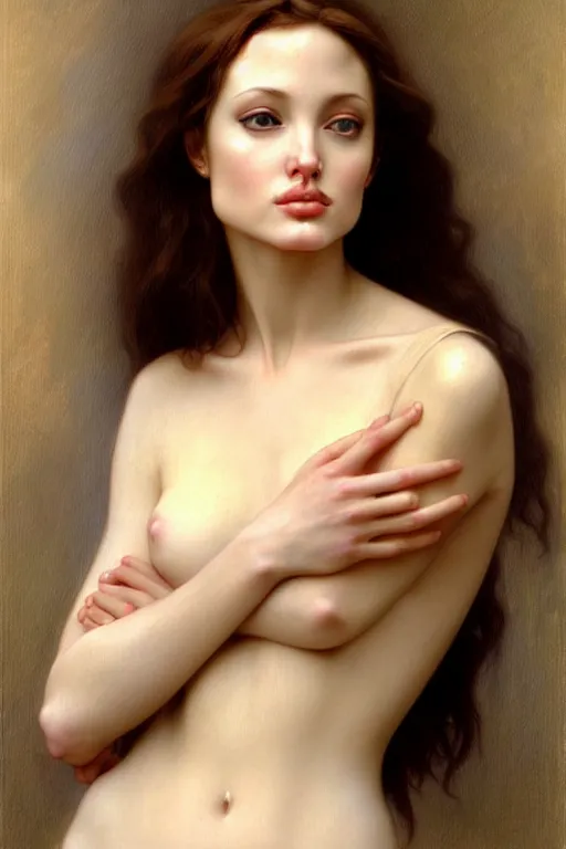 Image similar to angeline jolie, painting by rossetti bouguereau, detailed art, artstation