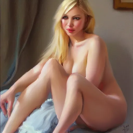 Prompt: blonde wife undressing, painting by Vladimir Volegov