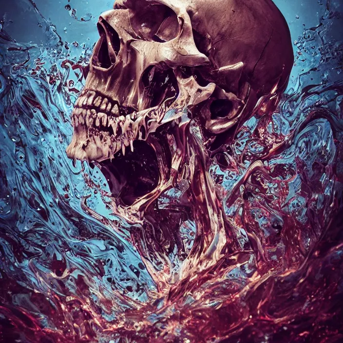 Image similar to portrait of a melting dripping skull. razor sharp teeth. burning water distortions. intricate abstract. intricate artwork. by Tooth Wu, wlop, beeple, dan mumford. octane render, trending on artstation, greg rutkowski very coherent symmetrical artwork. cinematic, hyper realism, high detail, octane render, 8k, depth of field, bokeh. iridescent accents