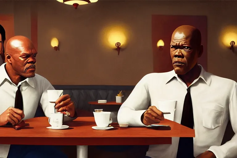 Image similar to painting pulp fiction movie highly detailed full - body samuel l jackson and john travolta posing in cafe, perfect symmetrical eyes, by eddie mendoza and tyler edlin, 8 k resolution, digital art, hyper realistic