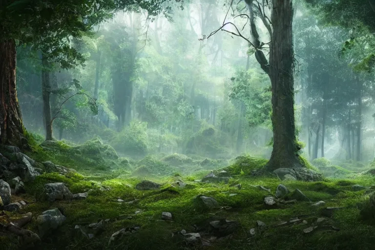 Image similar to a clearing in the forest, sharp focus, matte painting, illustration, concept art, ancient city covered in foliage