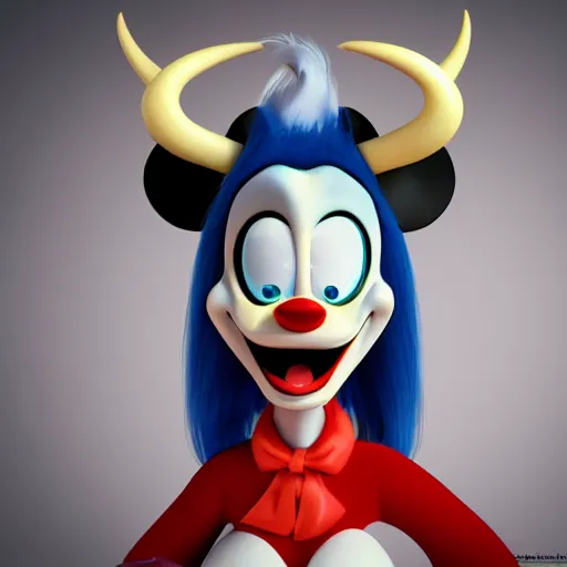Prompt: caricature hypnotic female crazy goat with curvy horns with huge enormous crazy cartoony eyes, in the style of pixar characters, disney mickey mouse, donald duck, tex avery, 3 d render, zbrush, artstation, octane render