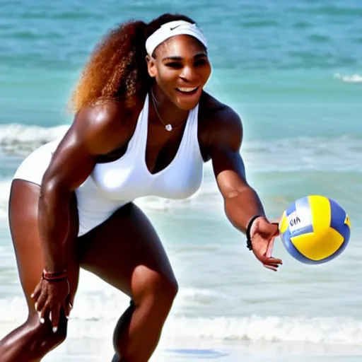 Prompt: Serena Williams playing volleyball at the beach