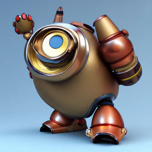 Prompt: a small chubby bot, smooth panelling, one large gold eye intricate detail, style of pokemon, with damaged rusty arms, broken antenna, recycled, floating, white studio, oil, mechanical, toy, ambient light, in the style of pixar animation, pokedstudios, blender, octane render, 8 k,