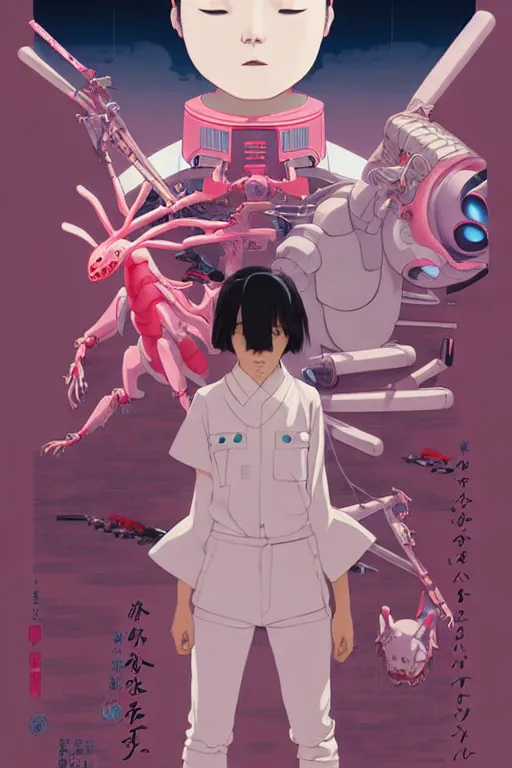 Image similar to Artwork by James Jean, Phil noto and hiyao Miyazaki; a young Japanese future samurai police girl named Yoshimi battles an enormous looming evil natured carnivorous pink robot on the streets of Tokyo; Japanese shops and neon signage; crowds of people running; Art work by studio ghibli, Phil noto and James Jean